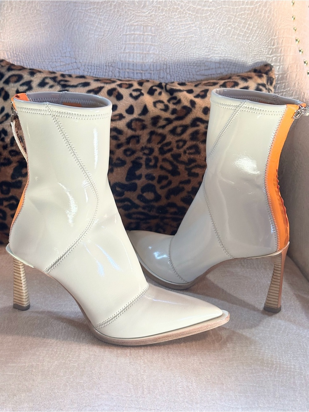 Fendi Cream Patent Leather Neoprene Pointed Toe Ankle Boots